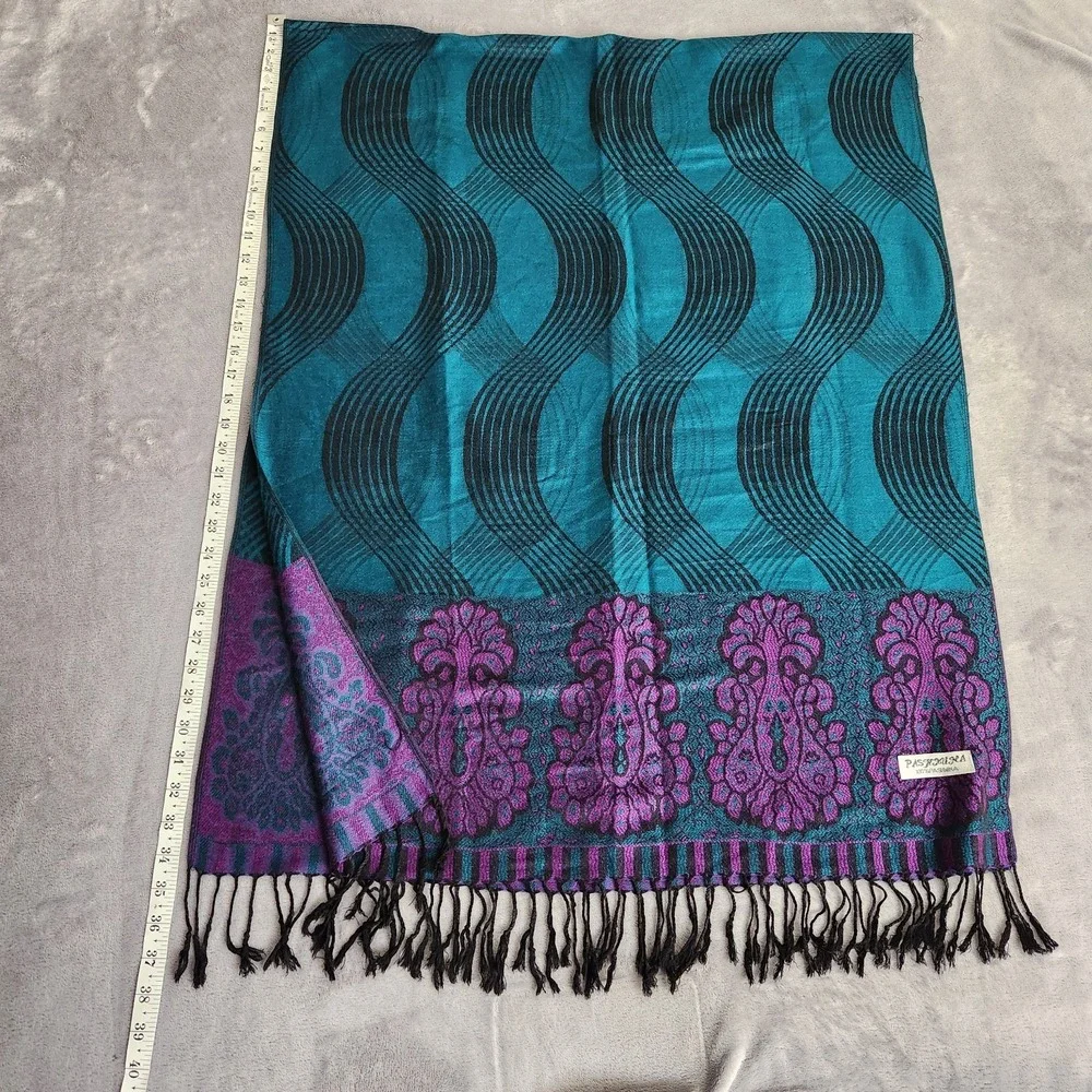 100% Pashmina Shawl Scarf Teal Purple Paisley Wave Pattern Fringed Festival Rave